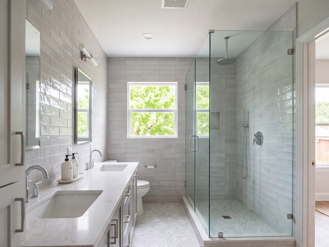 Small hall bathroom rebuilt with a walk-in shower, wide vanity and light tile
