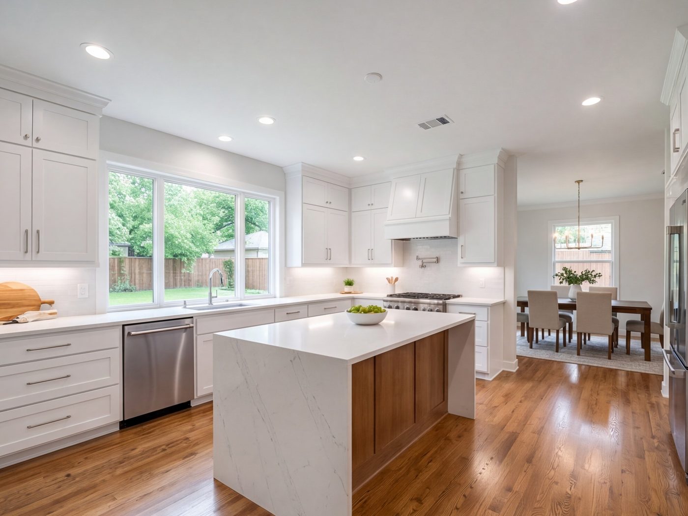 Kitchen opened to the dining room with a new island and bright cabinets