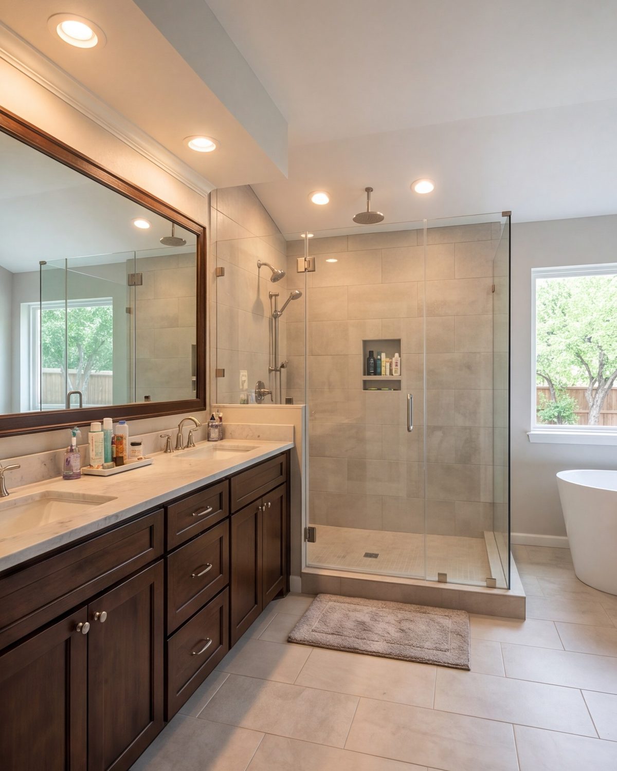 Wide view of a finished bathroom with a double vanity, walk-in shower and tile floor in a Fort Worth ranch house