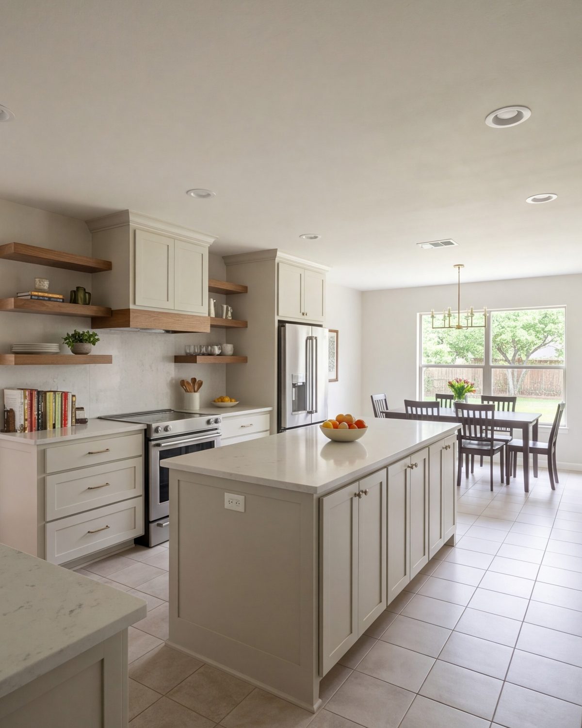 Open remodeled kitchen with a long island and modern cabinets looking toward a dining area
